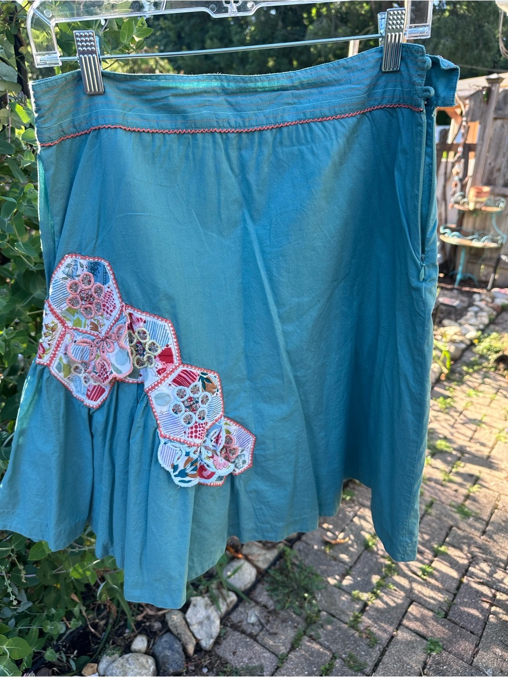 Odille Teal Embroidered Patchwork Cotton Skirt